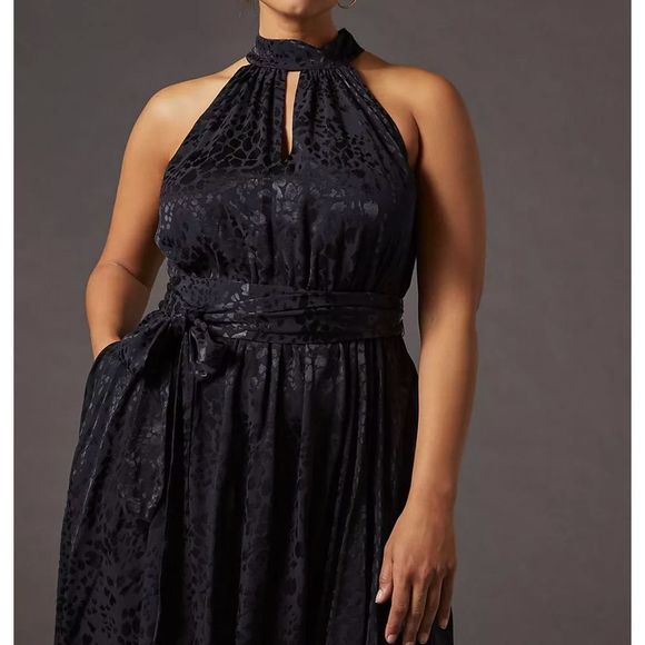 By Anthropologie Halter Neck Mini Dress Black Leopard Print 1X - Picture 5 of 12